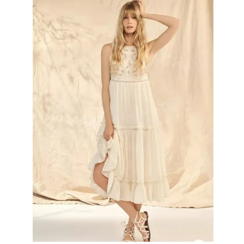 Anthropologie Pinnacle Cream Embroidered Maxi Boho Dress Sz L
